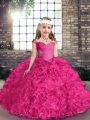 Fuchsia Sleeveless Fabric With Rolling Flowers Lace Up Pageant Dress for Party and Wedding Party