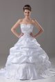 White Sleeveless Brush Train Beading and Embroidery and Pick Ups Bridal Gown