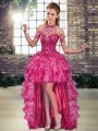 High Class Halter Top Sleeveless Prom Gown High Low Beading and Ruffles Fuchsia Organza