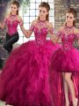 Stunning Fuchsia Lace Up Halter Top Beading and Ruffles Vestidos de Quinceanera Tulle Sleeveless
