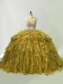Artistic Olive Green Sleeveless Organza Brush Train Zipper Quinceanera Gowns for Sweet 16 and Quinceanera