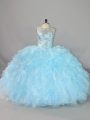 Organza Scalloped Sleeveless Lace Up Beading and Ruffles Sweet 16 Quinceanera Dress in Blue