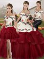Vintage Wine Red Tulle Lace Up Off The Shoulder Sleeveless Sweet 16 Dresses Brush Train Embroidery and Ruffled Layers