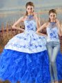 Flirting Two Pieces Sleeveless Blue And White Sweet 16 Dresses Court Train Lace Up
