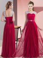 Extravagant Wine Red Sleeveless Floor Length Beading and Belt Lace Up Wedding Party Dress