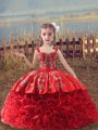 Unique Embroidery Kids Formal Wear Red Lace Up Sleeveless Sweep Train