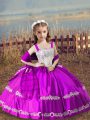 Fuchsia Straps Neckline Beading and Embroidery Pageant Dress for Girls Sleeveless Lace Up