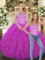 Modern Fuchsia Halter Top Neckline Beading and Ruffles 15th Birthday Dress Sleeveless Lace Up