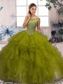 Scoop Sleeveless 15th Birthday Dress Floor Length Beading and Ruffles Olive Green Organza