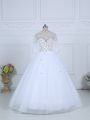 White Ball Gowns Tulle Scoop Long Sleeves Beading Floor Length Lace Up Bridal Gown