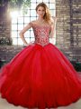 Dynamic Tulle Off The Shoulder Sleeveless Lace Up Beading and Ruffles Sweet 16 Quinceanera Dress in Red