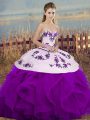 Attractive White And Purple Sweetheart Neckline Embroidery and Ruffles and Bowknot Vestidos de Quinceanera Sleeveless Lace Up