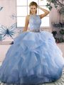 Colorful Blue Scoop Zipper Beading and Ruffles Ball Gown Prom Dress Sleeveless