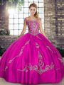 Floor Length Lace Up Sweet 16 Quinceanera Dress Fuchsia for Military Ball and Sweet 16 and Quinceanera with Beading and Embroidery