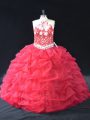 Sleeveless Organza Floor Length Backless Quinceanera Dress in Red with Beading and Lace