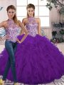 Best Purple Tulle Lace Up Quinceanera Dresses Sleeveless Floor Length Beading and Ruffles