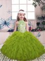 High Class Olive Green Tulle Lace Up Little Girls Pageant Gowns Sleeveless Floor Length Beading and Ruffles