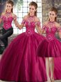 Glittering Brush Train Three Pieces Quinceanera Gown Fuchsia Halter Top Tulle Sleeveless Lace Up