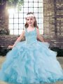 Light Blue Tulle Lace Up Straps Sleeveless Floor Length Kids Formal Wear Beading and Ruffles