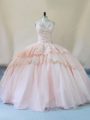 Flare Peach Tulle Lace Up Quinceanera Gowns Sleeveless Beading and Lace and Appliques