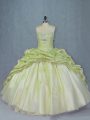 Yellow Green Sleeveless Brush Train Beading and Appliques Ball Gown Prom Dress