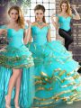 Beading and Ruffled Layers Ball Gown Prom Dress Aqua Blue Lace Up Sleeveless Floor Length