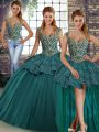 Dazzling Green Straps Neckline Beading and Appliques Sweet 16 Dress Sleeveless Lace Up