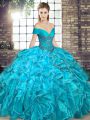 Modern Aqua Blue Sleeveless Floor Length Beading and Ruffles Lace Up 15th Birthday Dress