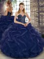 Custom Fit Navy Blue Lace Up Sweetheart Beading and Ruffles Quinceanera Gowns Tulle Sleeveless