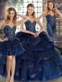 Navy Blue Sweetheart Lace Up Beading and Ruffles Quinceanera Gowns Sleeveless