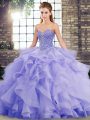 Tulle Sweetheart Sleeveless Brush Train Lace Up Beading and Ruffles Quinceanera Gown in Lavender