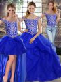 Trendy Royal Blue Sleeveless Brush Train Beading and Ruffles Quinceanera Dress