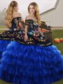 Off The Shoulder Sleeveless Lace Up Sweet 16 Dress Blue And Black Organza