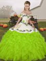 Pretty Yellow Green Ball Gowns Off The Shoulder Sleeveless Organza Floor Length Lace Up Embroidery and Ruffles 15 Quinceanera Dress
