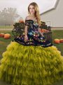 Olive Green Ball Gowns Organza Off The Shoulder Sleeveless Embroidery and Ruffled Layers Floor Length Lace Up 15th Birthday Dress