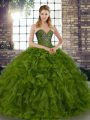 Olive Green Lace Up Sweet 16 Dresses Beading and Ruffles Sleeveless Floor Length