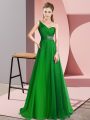 Glamorous Green Criss Cross Evening Dress Beading Sleeveless Brush Train
