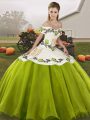 Olive Green Organza Lace Up Off The Shoulder Sleeveless Floor Length 15 Quinceanera Dress Embroidery