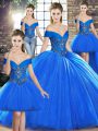 Lace Up 15 Quinceanera Dress Royal Blue for Military Ball and Sweet 16 and Quinceanera with Beading Brush Train