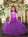 Top Selling Floor Length Eggplant Purple and Purple Child Pageant Dress Organza Sleeveless Ruffles