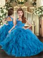 Simple Blue Tulle Lace Up Kids Pageant Dress Sleeveless Floor Length Ruffles