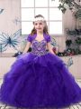 Floor Length Lace Up Kids Pageant Dress Purple for Prom and Sweet 16 and Wedding Party with Beading