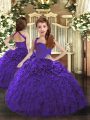 Sleeveless Organza Floor Length Lace Up Kids Pageant Dress in Purple with Ruffles