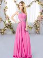 Rose Pink Empire One Shoulder Sleeveless Chiffon Floor Length Zipper Beading Bridesmaid Dresses
