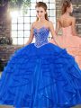 Elegant Sleeveless Tulle Floor Length Lace Up 15 Quinceanera Dress in Royal Blue with Beading and Ruffles