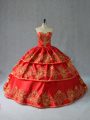 Pretty Red Sleeveless Floor Length Embroidery and Ruffled Layers Lace Up Quinceanera Dress