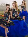 Sumptuous Off The Shoulder Sleeveless Quinceanera Gown Floor Length Embroidery and Ruffles Blue And Black Tulle