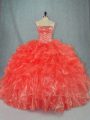 Exceptional Red Strapless Neckline Beading and Ruffles 15 Quinceanera Dress Sleeveless Lace Up