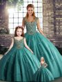 Fitting Straps Sleeveless 15 Quinceanera Dress Floor Length Beading and Appliques Teal Tulle