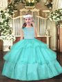 Aqua Blue Sleeveless Beading Floor Length Kids Pageant Dress